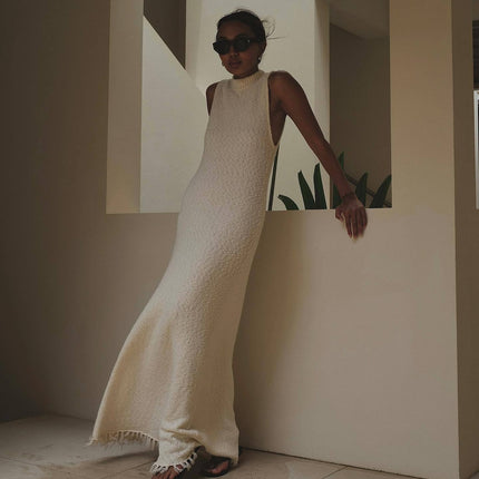 Knitted Cotton Tassel Sleeveless Maxi Dress