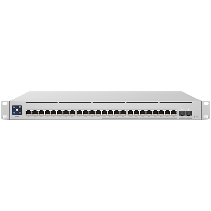 UBIQUITI Enterprise 24 PoE; (12) 2.5 GbE, (12) GbE; all PoE+ ports; (2) 10G SFP+ ports; 400W total PoE availability; DC power backup-ready; Layer 3 switching.