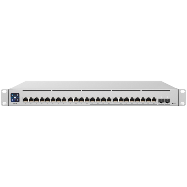 UBIQUITI Enterprise 24 PoE; (12) 2.5 GbE, (12) GbE; all PoE+ ports; (2) 10G SFP+ ports; 400W total PoE availability; DC power backup-ready; Layer 3 switching.