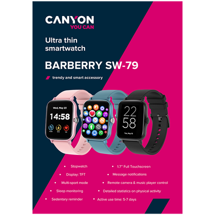 CANYON Barberry SW-79, Smart watch, 1.69inches TFT full touch screen, Zinic+plastic body, IP67 waterproof, multi-sport mode, compatibility with iOS and android, black body with black silicon belt, Host: 44.4*36*9.2mm, Strap: 230x20mm, 47g
