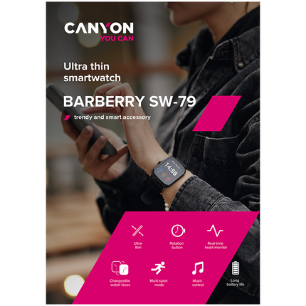 CANYON Barberry SW-79, Smart watch, 1.69inches TFT full touch screen, Zinic+plastic body, IP67 waterproof, multi-sport mode, compatibility with iOS and android, black body with black silicon belt, Host: 44.4*36*9.2mm, Strap: 230x20mm, 47g