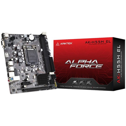 Arktek Intel H55 Chipset, Socket LGA1156, Dual Channel DDR3, Integrated Intel Graphics X4500 HD, 2 x DDR3 Slots, Realtek 10/100/1000 Gigabit LAN, Realtek Audio, 3 x SATA Ports, 2 x USB 2.0, 1 x PCI Express x16 Slot, Micro-ATX