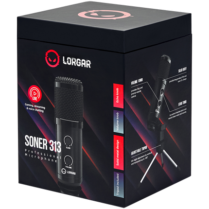 LORGAR Soner 313, Gaming Microphone, USB condenser microphone with Volume Knob & Echo Knob, Frequency Response: 80 Hz—17 kHz, including 1x Microphone, 1 x 2.5M USB Cable, 1 x Tripod Stand, dimensions: Ø47.4*158.2*48.1mm, weight: 243.0g, Black