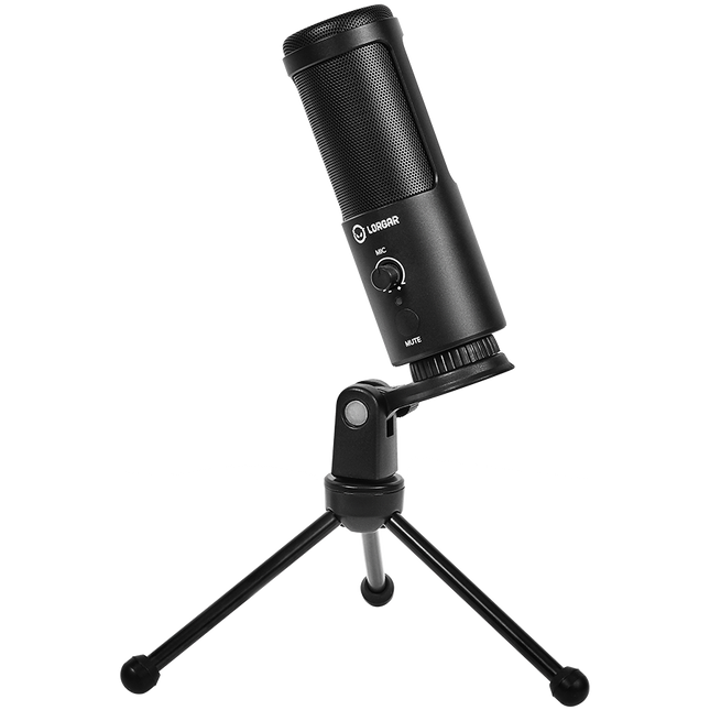 LORGAR Voicer 521, Gaming Microphone, Black, USB condenser mic with Volume Knob, 3.5MM headphonejack, mute button and led indicator, package including 1x F5 Microphone, 1 x 2M type-C USB Cable, 1 xTripod Stand