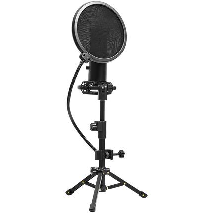 LORGAR Voicer 721, Gaming Microphone, Black, USB condenser microphone with tripod stand and pop filter, including 1 microphone, 1 metal tripod, 1 plastic shock mount, 1 windscreen cap, 2m USB Type C cable, 1 pop filter, 1 tripod mount ring, 154.6x56.1mm
