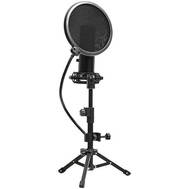 LORGAR Voicer 721, Gaming Microphone, Black, USB condenser microphone with tripod stand and pop filter, including 1 microphone, 1 metal tripod, 1 plastic shock mount, 1 windscreen cap, 2m USB Type C cable, 1 pop filter, 1 tripod mount ring, 154.6x56.1mm