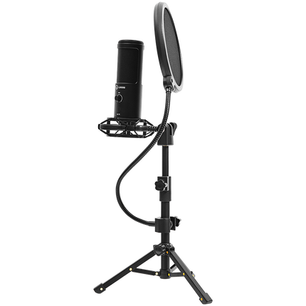 LORGAR Voicer 721, Gaming Microphone, Black, USB condenser microphone with tripod stand and pop filter, including 1 microphone, 1 metal tripod, 1 plastic shock mount, 1 windscreen cap, 2m USB Type C cable, 1 pop filter, 1 tripod mount ring, 154.6x56.1mm