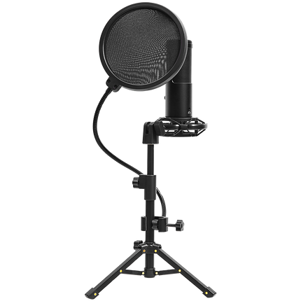 LORGAR Voicer 721, Gaming Microphone, Black, USB condenser microphone with tripod stand and pop filter, including 1 microphone, 1 metal tripod, 1 plastic shock mount, 1 windscreen cap, 2m USB Type C cable, 1 pop filter, 1 tripod mount ring, 154.6x56.1mm