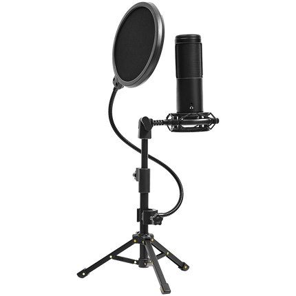 LORGAR Voicer 721, Gaming Microphone, Black, USB condenser microphone with tripod stand and pop filter, including 1 microphone, 1 metal tripod, 1 plastic shock mount, 1 windscreen cap, 2m USB Type C cable, 1 pop filter, 1 tripod mount ring, 154.6x56.1mm