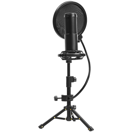 LORGAR Voicer 721, Gaming Microphone, Black, USB condenser microphone with tripod stand and pop filter, including 1 microphone, 1 metal tripod, 1 plastic shock mount, 1 windscreen cap, 2m USB Type C cable, 1 pop filter, 1 tripod mount ring, 154.6x56.1mm