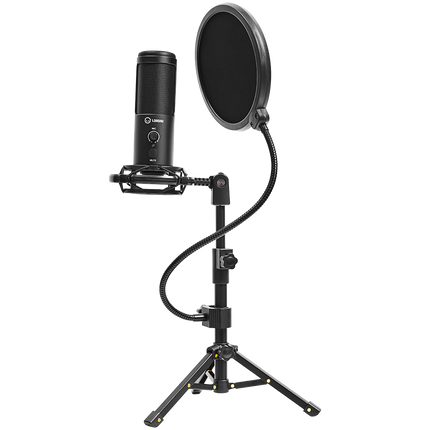 LORGAR Voicer 721, Gaming Microphone, Black, USB condenser microphone with tripod stand and pop filter, including 1 microphone, 1 metal tripod, 1 plastic shock mount, 1 windscreen cap, 2m USB Type C cable, 1 pop filter, 1 tripod mount ring, 154.6x56.1mm