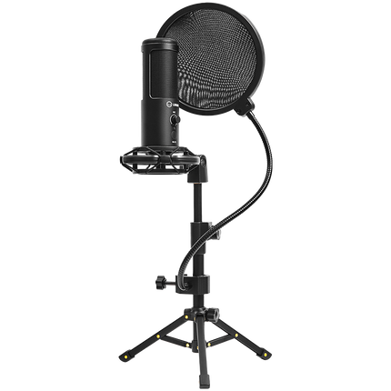 LORGAR Voicer 721, Gaming Microphone, Black, USB condenser microphone with tripod stand and pop filter, including 1 microphone, 1 metal tripod, 1 plastic shock mount, 1 windscreen cap, 2m USB Type C cable, 1 pop filter, 1 tripod mount ring, 154.6x56.1mm