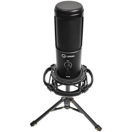 LORGAR Voicer 721, Gaming Microphone, Black, USB condenser microphone with tripod stand and pop filter, including 1 microphone, 1 metal tripod, 1 plastic shock mount, 1 windscreen cap, 2m USB Type C cable, 1 pop filter, 1 tripod mount ring, 154.6x56.1mm
