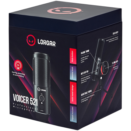 LORGAR Voicer 521, Gaming Microphone, Black, USB condenser mic with Volume Knob, 3.5MM headphonejack, mute button and led indicator, package including 1x F5 Microphone, 1 x 2M type-C USB Cable, 1 xTripod Stand