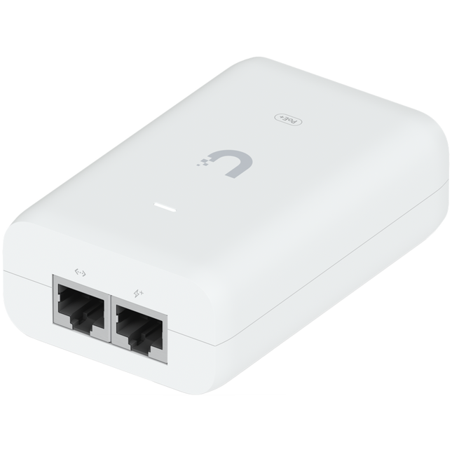 UBIQUITI PoE+ Adapter; Delivers up to 30W of PoE+; Additional power drives devices such as U6 LR, U6 Enterprise, Camera DSLR, and other PoE+ devices; Surge, peak pulse, and overcurrent protection; Contains RJ45 data input, AC cable with earth ground,
