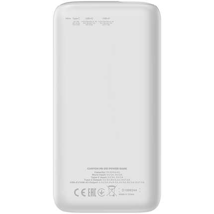 CANYON power bank PB-301 LED 30000 mAh PD 20W QC 3.0 White