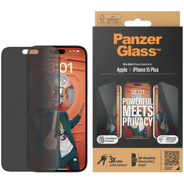 PanzerGlass Privacy Screen Protector iPhone 15 Plus | Ultra-Wide Fit w. EasyAligner