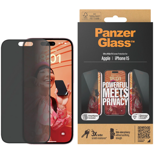 PanzerGlass Privacy Screen Protector iPhone 15 | Ultra-Wide Fit w. EasyAligner