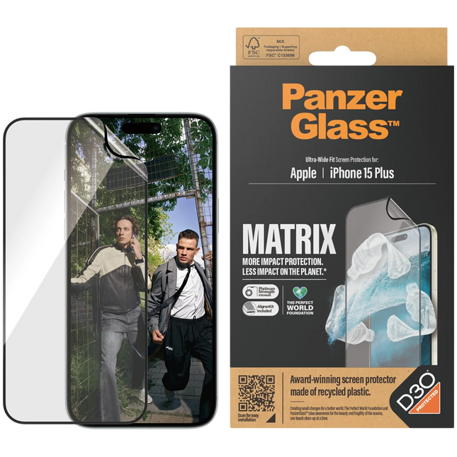 PanzerGlass MATRIX Screen Protector with D3O iPhone 15 Plus | Ultra-Wide Fit w. AlignerKit