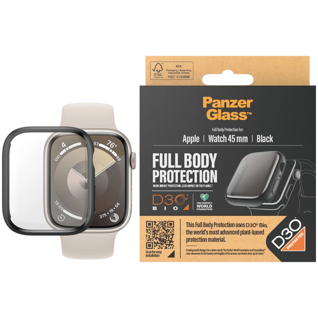 PanzerGlass Screen Protector Full Body Apple Watch Series 9 with D3O | 45mm | Black