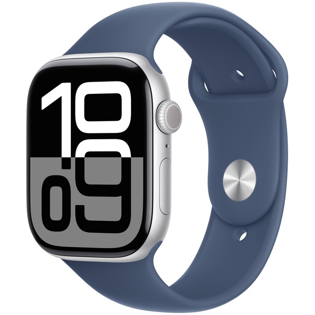 Apple Watch Series 10 GPS + Cellular 42mm Silver Aluminium Case with Denim Sport Band - S/M,Model A3001