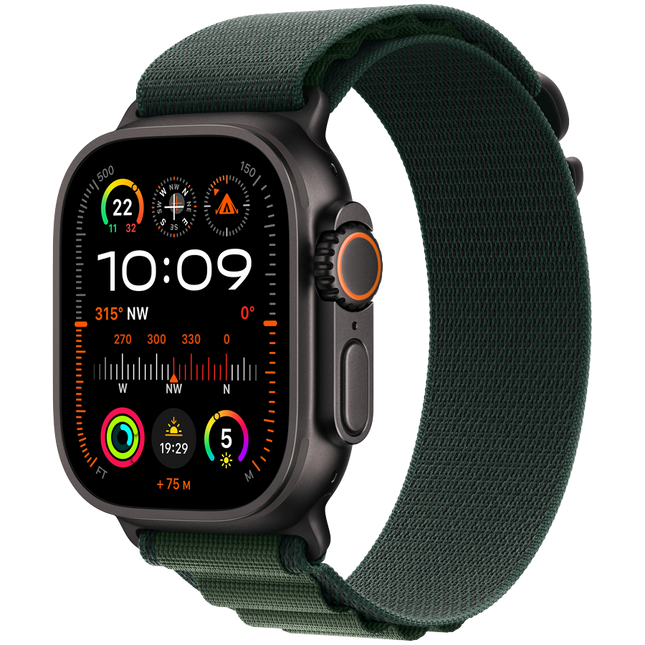 Apple Watch Ultra 2 GPS + Cellular 49mm Black Titanium Case with Dark Green Alpine Loop - Small,Model A2986