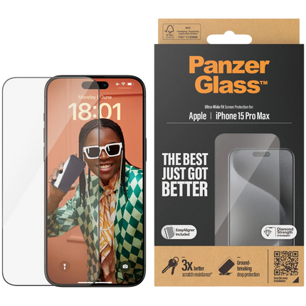 PanzerGlass Screen Protector iPhone 15 Pro Max | Ultra-Wide Fit w. EasyAligner