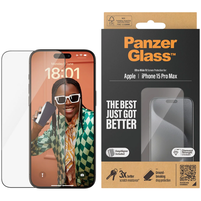 PanzerGlass Screen Protector iPhone 15 Pro Max | Ultra-Wide Fit w. EasyAligner