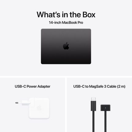 MacBook Pro 14-inch, Space Black, Model A3112, M4 with 10C CPU, 10C GPU, 16GB unified memory, 70W USB-C Power Adapter, 512GB SSD storage, 3x TB4, HDMI, SDXC, MagSafe 3, Touch ID, Standard display finish, Force Touch Trackpad, Keyboard US English