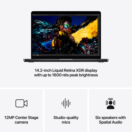 MacBook Pro 14-inch, Space Black, Model A3112, M4 with 10C CPU, 10C GPU, 16GB unified memory, 70W USB-C Power Adapter, 512GB SSD storage, 3x TB4, HDMI, SDXC, MagSafe 3, Touch ID, Nano-texture display, Force Touch Trackpad, Keyboard US English