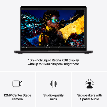MacBook Pro 16-inch, Space Black, Model A3403, M4 Pro with 14C CPU 20C GPU, 24GB unified memory, 140W USB-C Power Adapter, 512GB SSD storage, 3x TB5, HDMI, SDXC, MagSafe 3, Touch ID, Standard display finish, Force Touch Trackpad, Keyboard US English