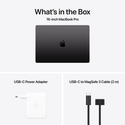 MacBook Pro 16-inch, Space Black, Model A3403, M4 Pro with 14C CPU 20C GPU, 24GB unified memory, 140W USB-C Power Adapter, 512GB SSD storage, 3x TB5, HDMI, SDXC, MagSafe 3, Touch ID, Standard display finish, Force Touch Trackpad, Keyboard US English