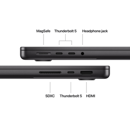 MacBook Pro 14-inch, Space Black, Model A3401, M4 Pro with 12C CPU 16C GPU, 24GB unified memory, 70W USB-C Power Adapter, 512GB SSD storage, 3x TB5, HDMI, SDXC, MagSafe 3, Touch ID, Standard display finish, Force Touch Trackpad, Keyboard US English