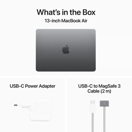 MacBook Air 13-inch, Space Grey, Model A3113, M3 with 8C CPU,10C GPU, 24GB unified memory, 30W USB-C Power Adapter, 256GB SSD storage, 2xTB4,MagSafe 3, Touch ID, 1080p FaceTime HD camera, Force Touch Trackpad, Keyboard US English