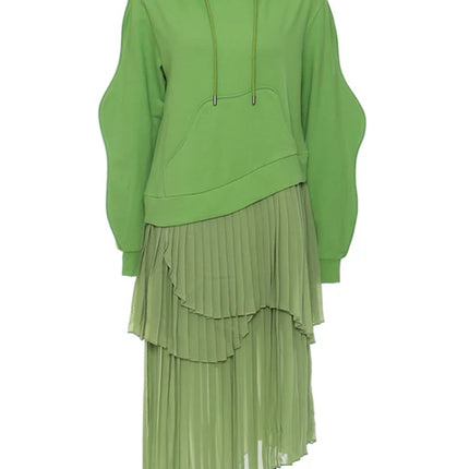 Women Green Irregular Pleated Long Dress