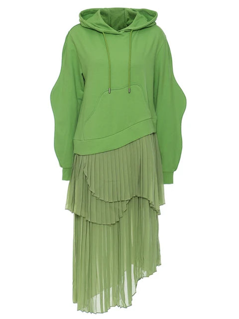 Women Green Irregular Pleated Long Dress