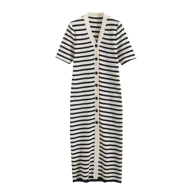 Knitted Stripe V Neck Long dress