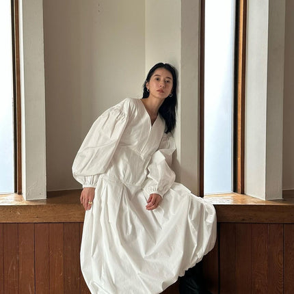 V Neck Lantern Long Sleeve Dress