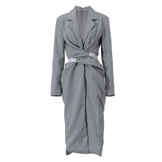 Women Grey Knot Belted Long Dress