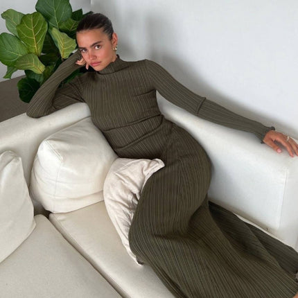 Women Long Sleeve Slim Pleated Robe