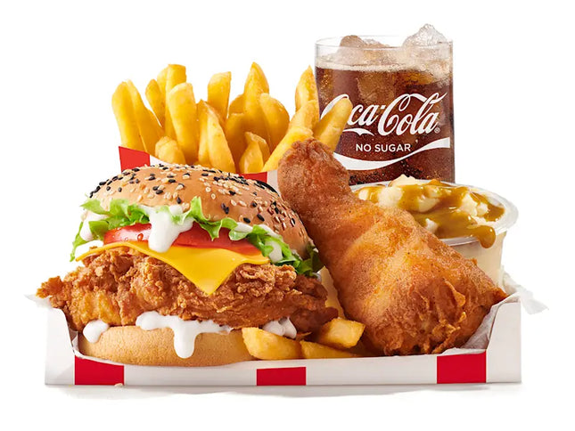 Reg Fully Loaded Box Meal With Colonel Burger And No-Sugar Soda Fountain Drink