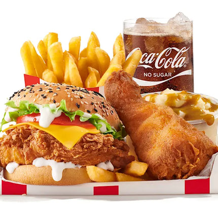 Large Fully Loaded Box Meal With Colonel Burger And No-Sugar Soda Fountain