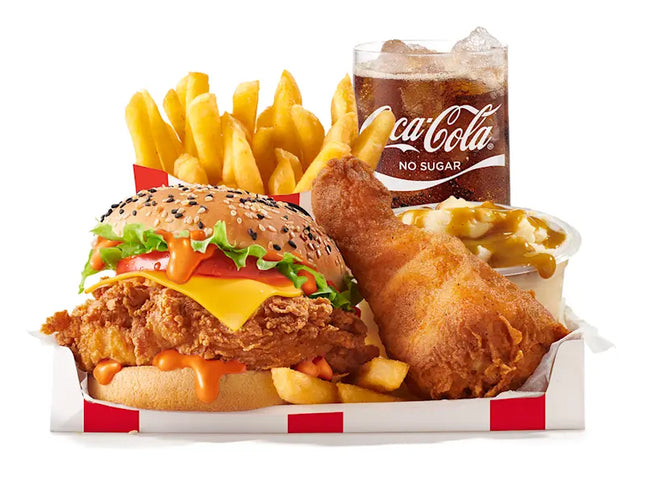 Large Fully Loaded Box Meal With Zinger Burger And No-Sugar Soda Fountain Drink